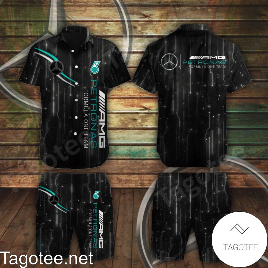 Mercedes AMG Petronas F1 Team Glaxaxy Black Hawaiian Shirt And Short
