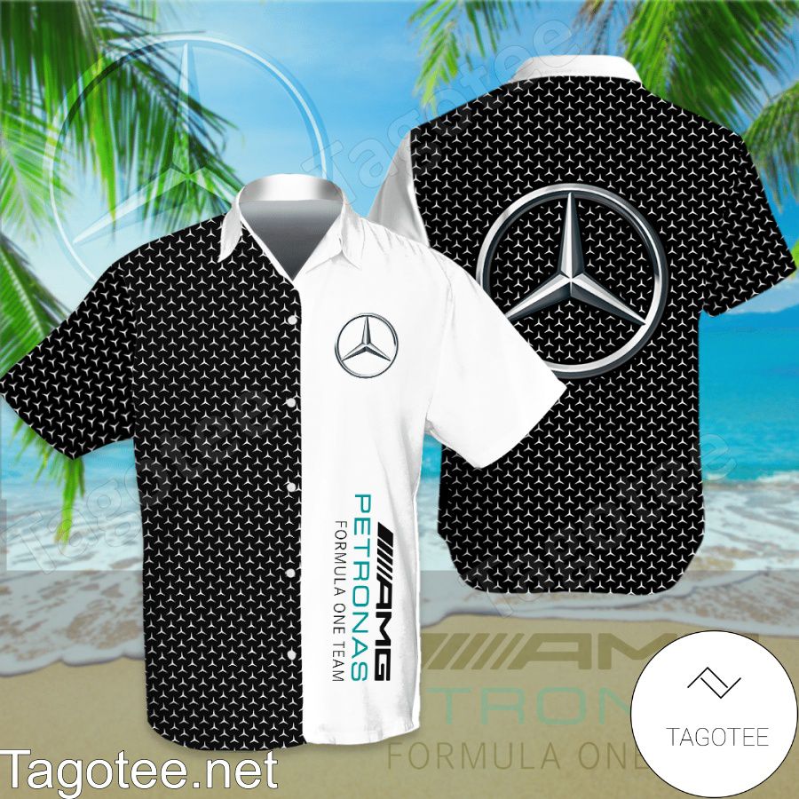 Mercedes AMG Petronas F1 Team Logo Black White Hawaiian Shirt And Short