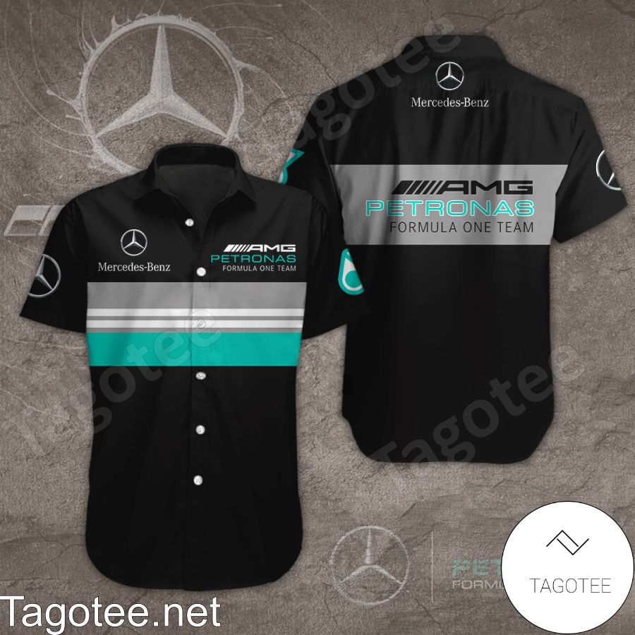 Mercedes AMG Petronas F1 Team Stripes Black Gray Hawaiian Shirt And Short