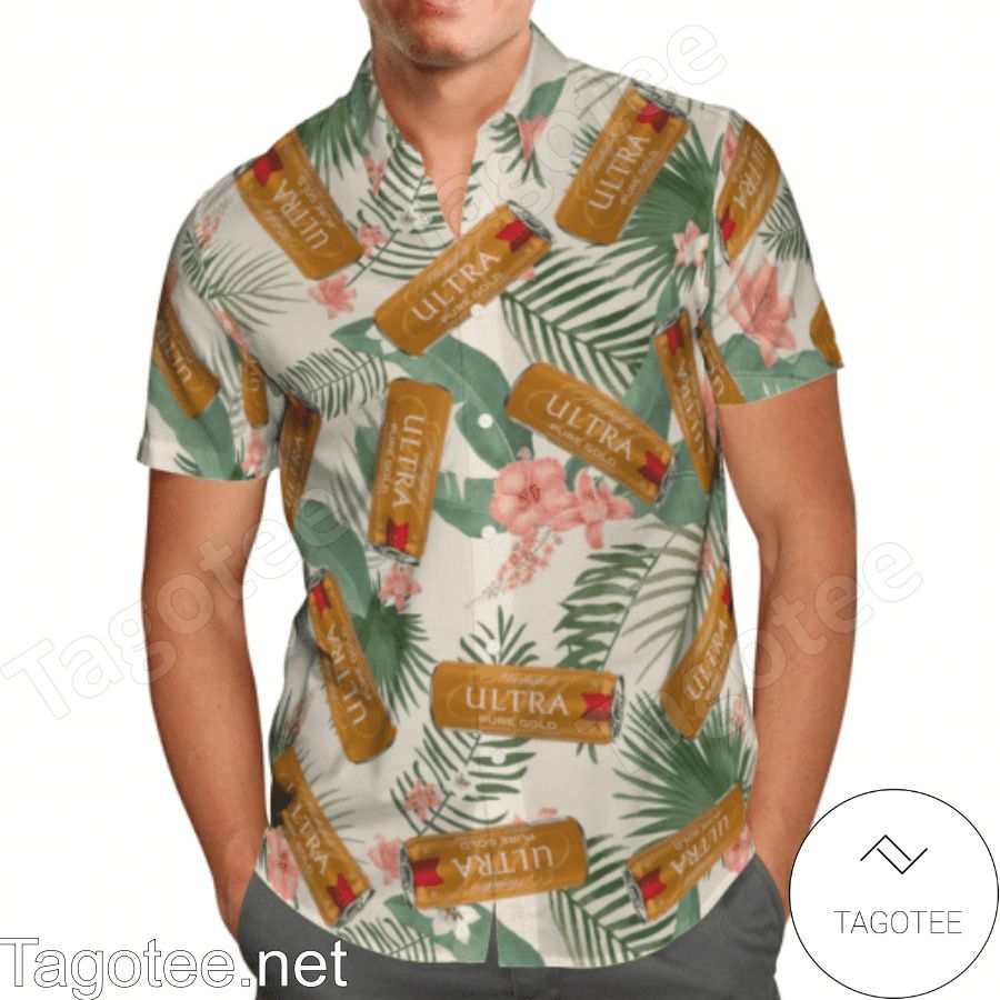 Michelob Ultra Pure Gold Tropical Leafs Hawaiian Shirt And Short