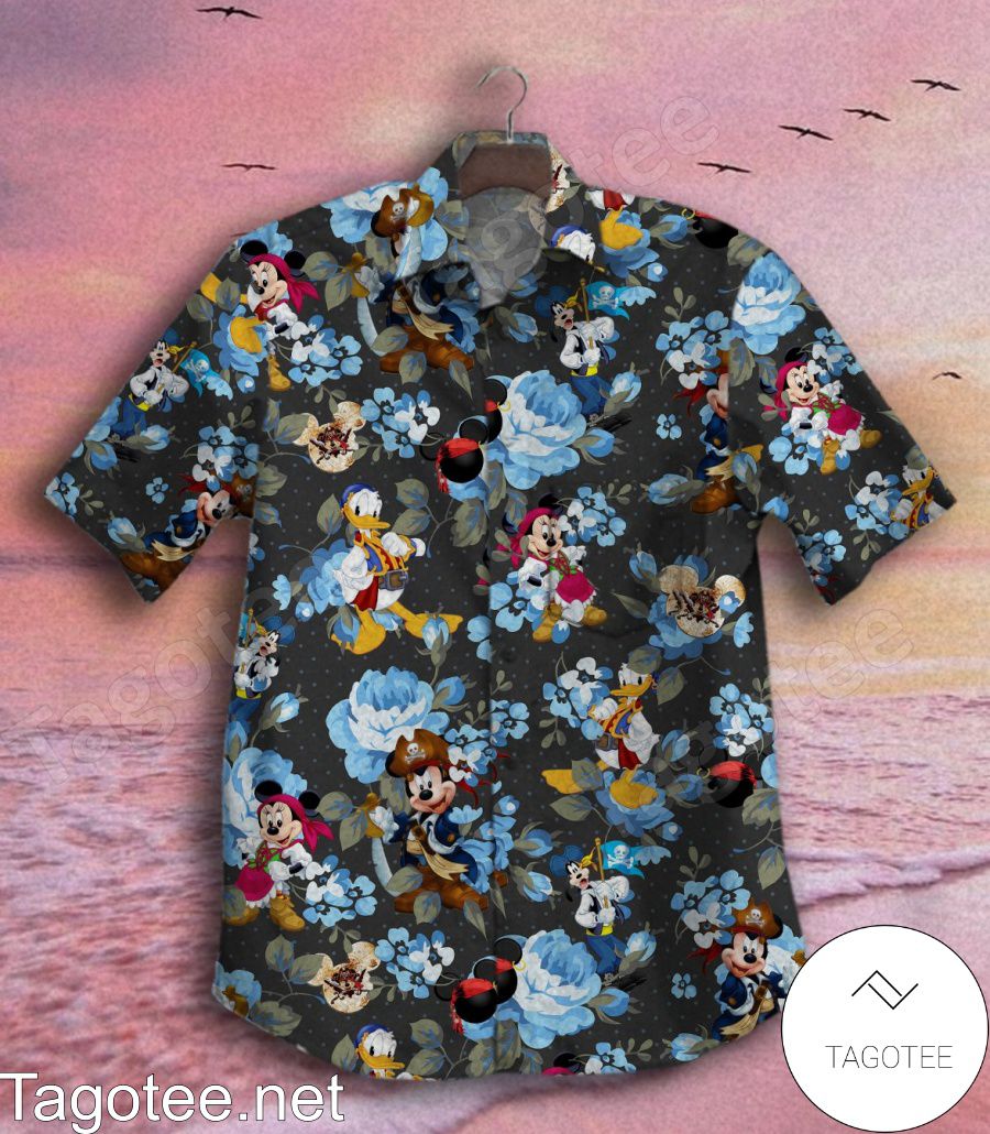 Mickey Donald And Goofy Blue Flowers Hawaiian Shirt