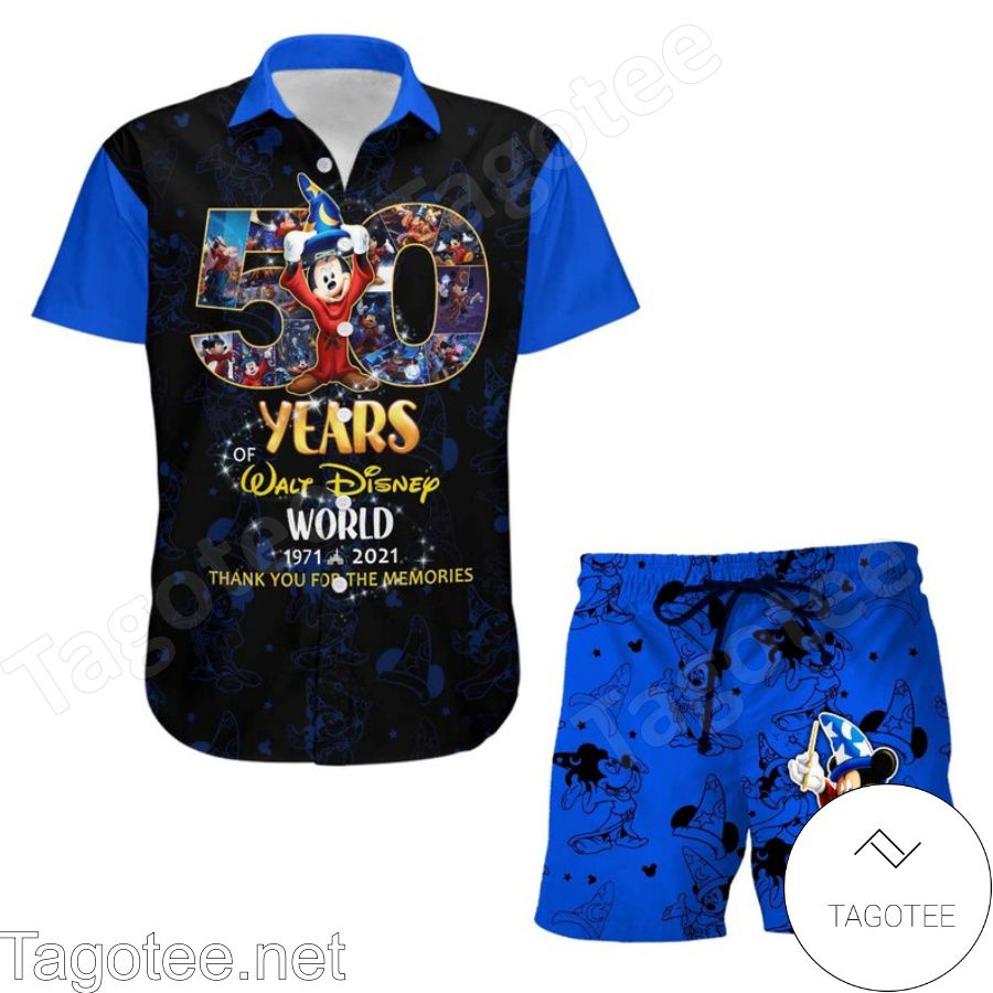 Mickey Fantasia 50th Anniversary Glitter Disney Castle Black Blue Hawaiian Shirt And Short