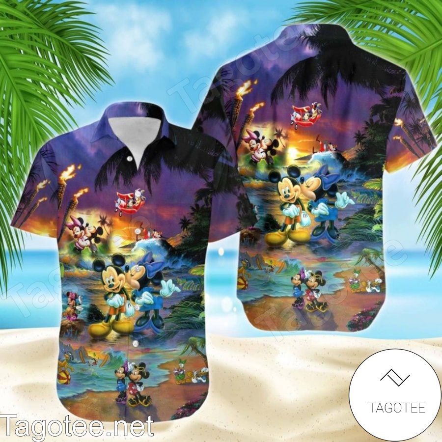 Mickey & Minnie Mouse Sunset Beach Disney Hawaiian Shirt And Short