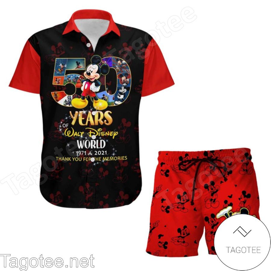 Mickey Mouse 50th Anniversary Glitter Disney Castle Black Red Hawaiian Shirt And Short