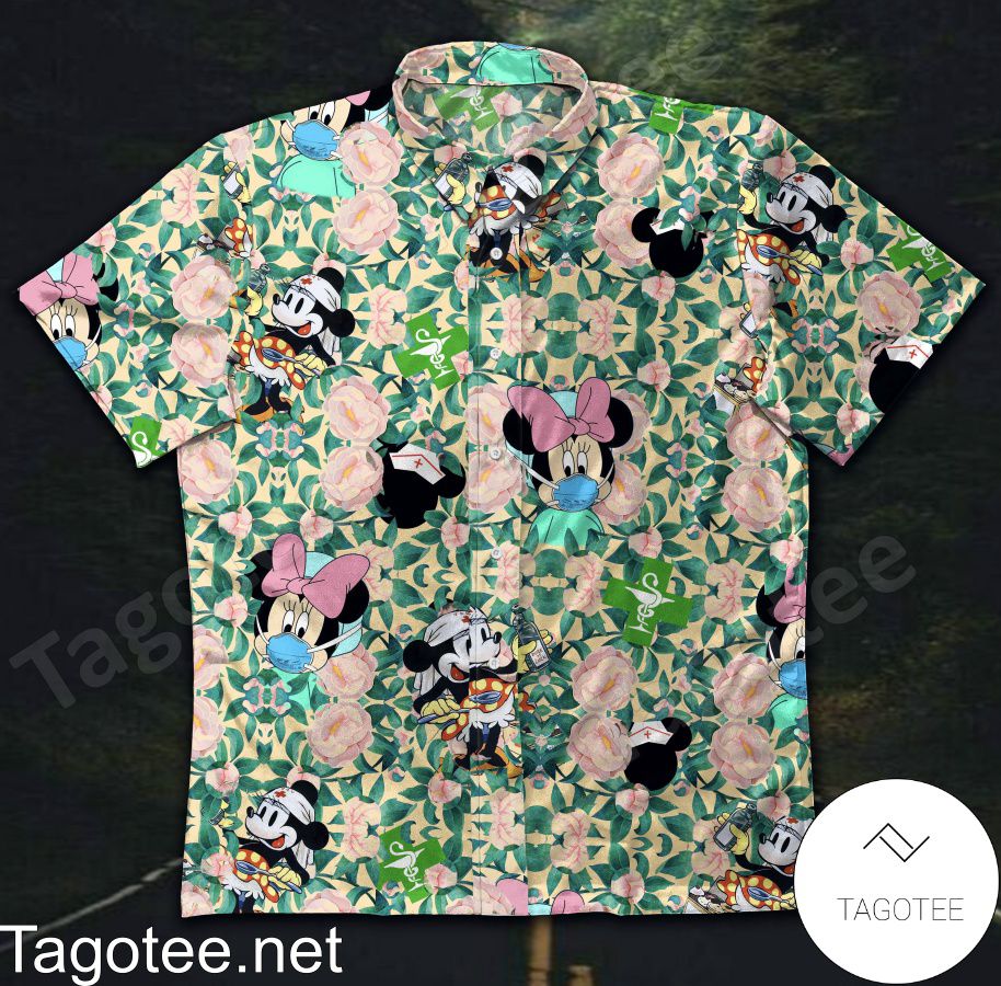 Mickey Mouse And Minnie Mouse Nurse Pink Flower And Green Leaves Hawaiian Shirt