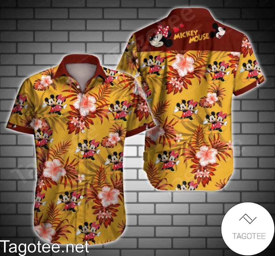 Mickey Mouse And Minnie Mouse Red Tropical Floral Yellow Hawaiian Shirt