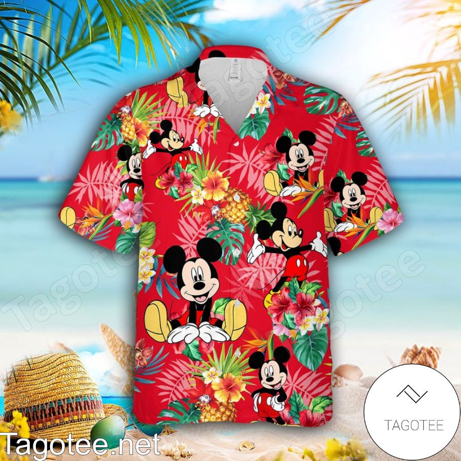Mickey Mouse Disney Pineapple Hibicus Red Hawaiian Shirt And Short