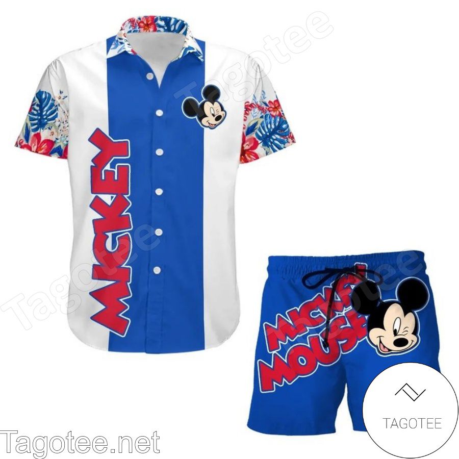 Mickey Mouse Floral Stripe Disney Cartoon Graphics White Blue Hawaiian Shirt And Short
