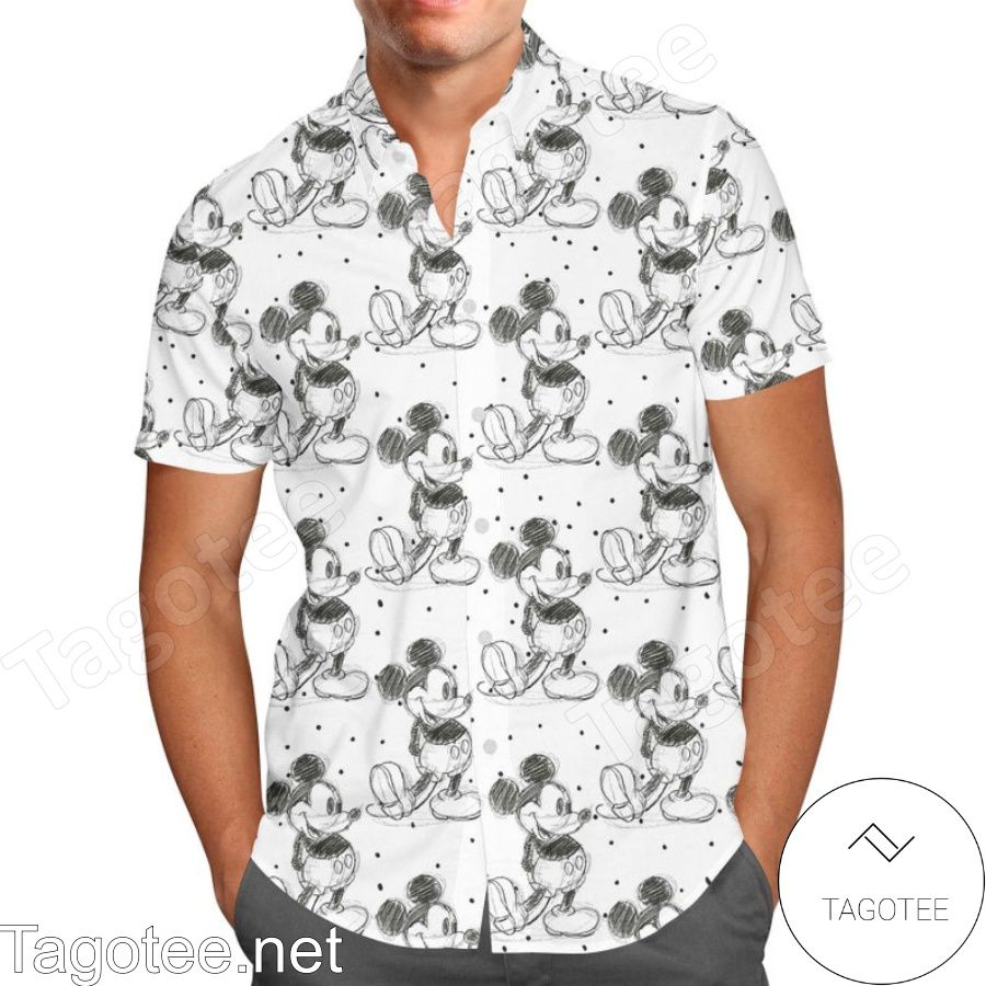 Mickey Mouse Sketch Disney Cartoon Graphics White Hawaiian Shirt And Short
