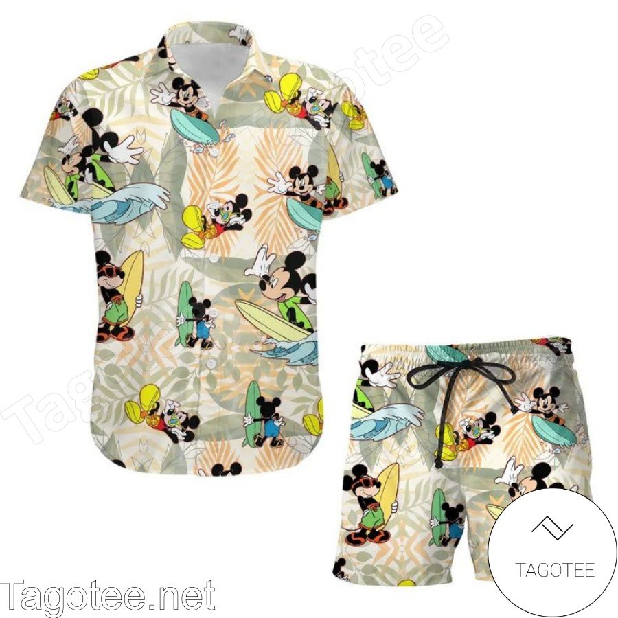 Mickey Mouse Surfing Disney Cartoon Graphics Beige Hawaiian Shirt And Short