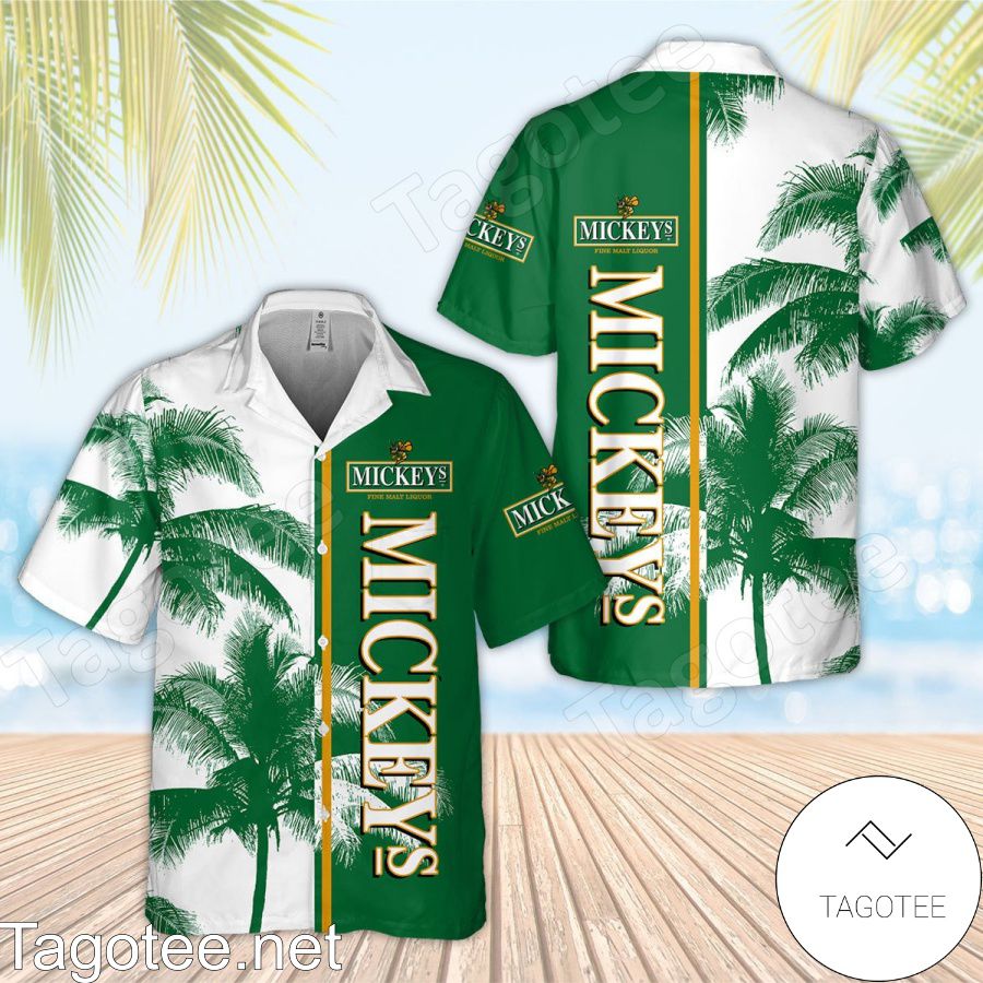 Mickey's Fine Malt Liquor Palm Tree White Green Hawaiian Shirt And Short