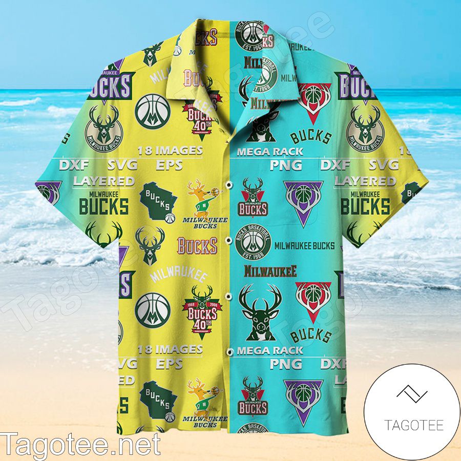 Milwaukee Bucks Logo Print Mix Turquoise And Yellow Hawaiian Shirt