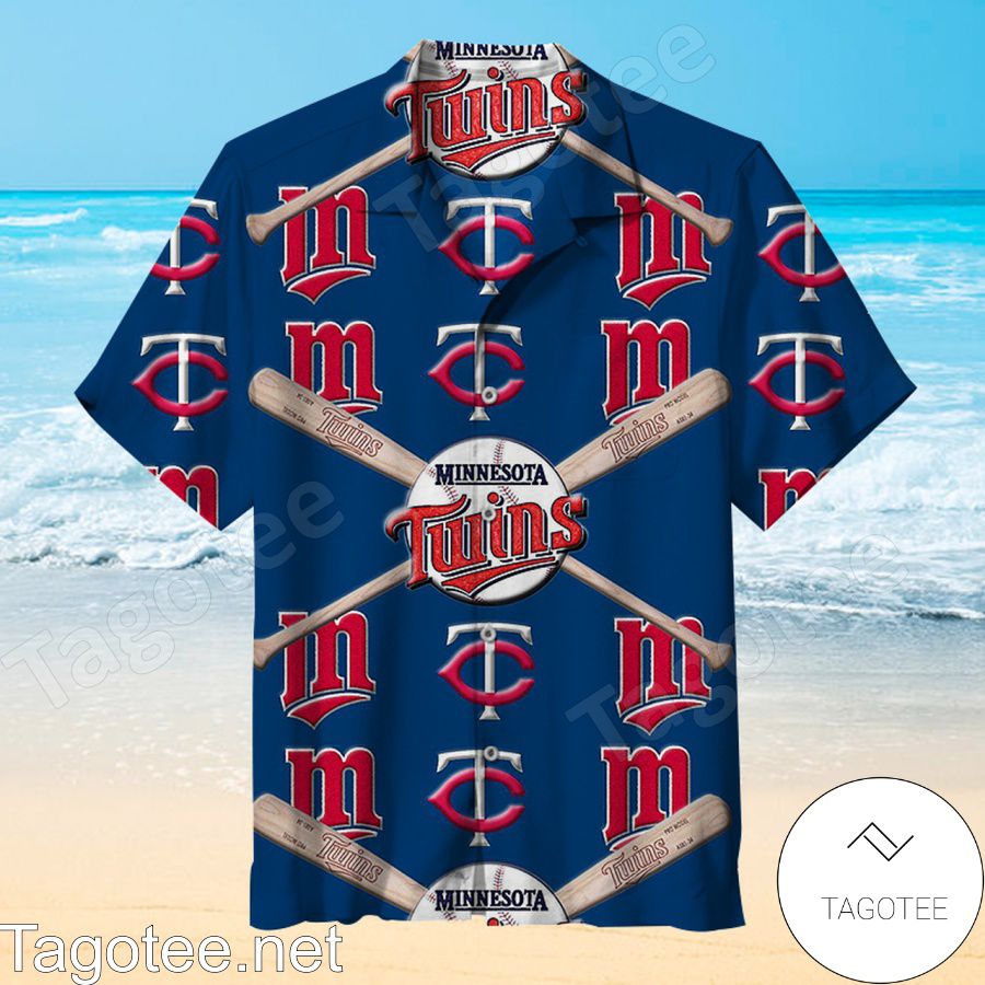 Minnesota Twins Logo And Baseball Bat Navy Hawaiian Shirt
