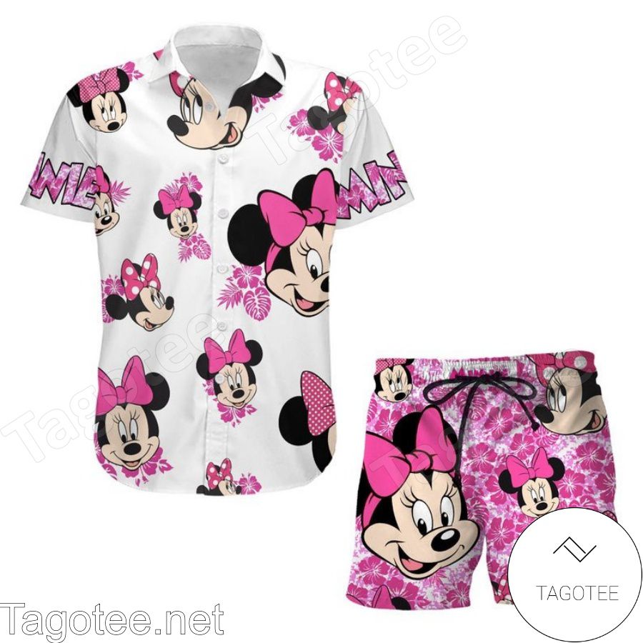 Minnie Mouse Hibicus Disney Cartoon Graphics White Pink Hawaiian Shirt And Short