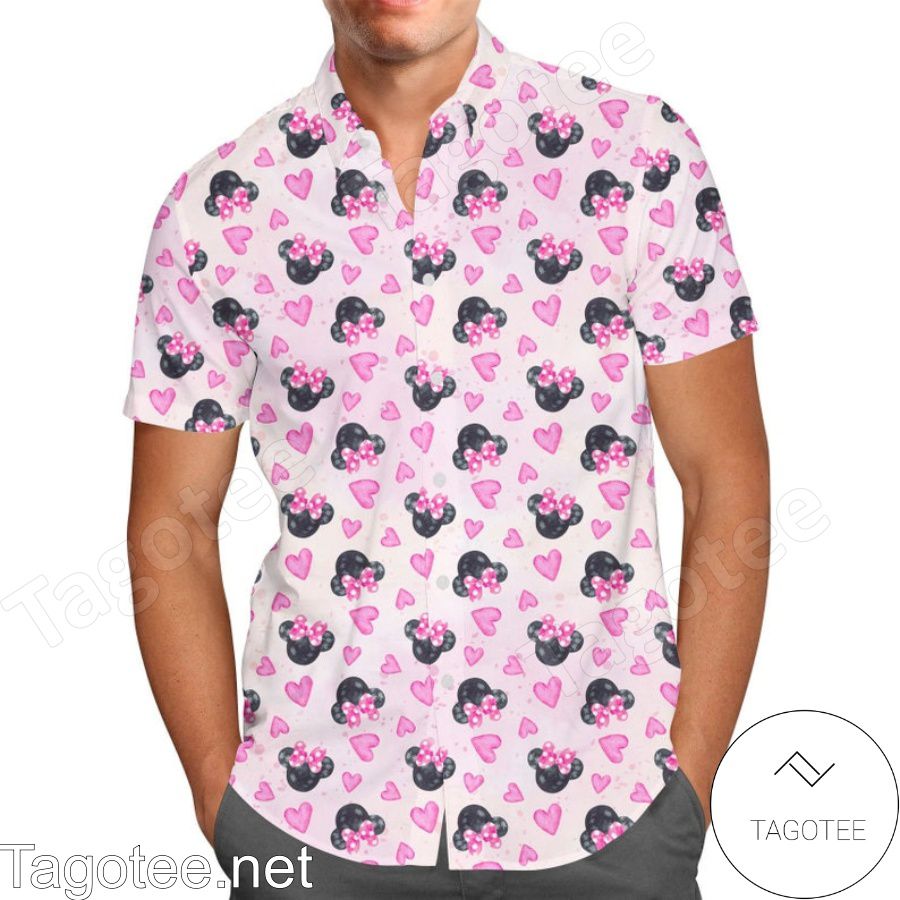 Minnie Mouse Pink Hearts Pattern Disney Cartoon Graphics Hawaiian Shirt And Short