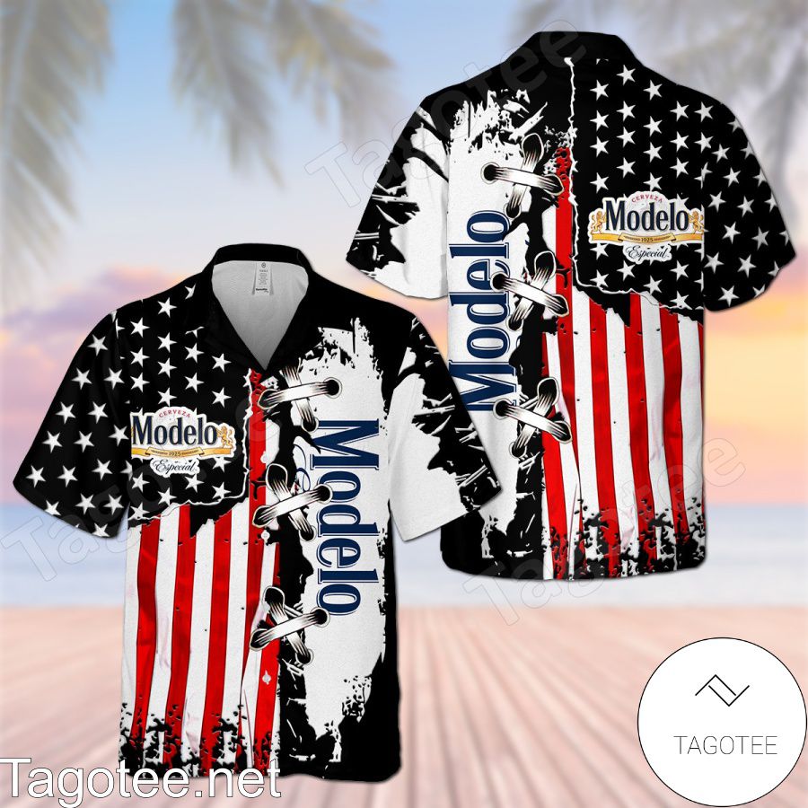 Modelo USA Flag Cross Stitch Black White Hawaiian Shirt And Short
