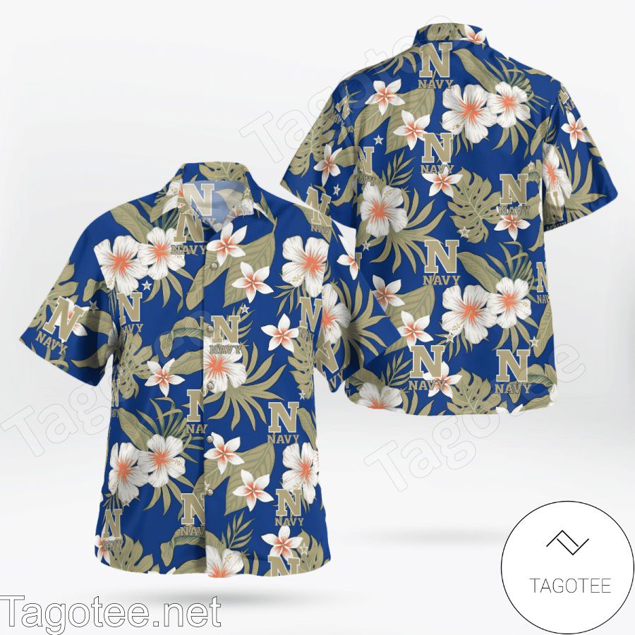 Navy Midshipmen Logo Flowery Navy Hawaiian Shirt And Short