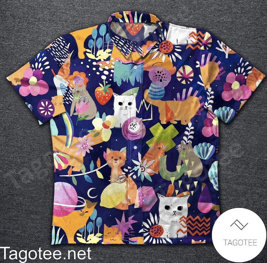 Navy With Multicolor Cats Hawaiian Shirt