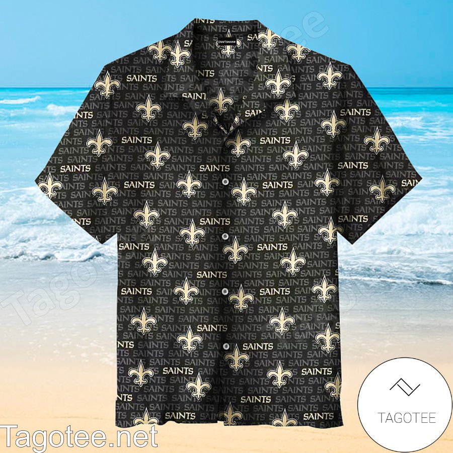 New Orleans Saints Logo Printed On Letters Black Background Hawaiian Shirt