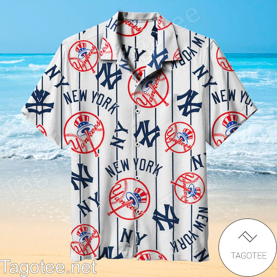 New York Yankees Thin Stripes Navy On White Vertical Hawaiian Shirt