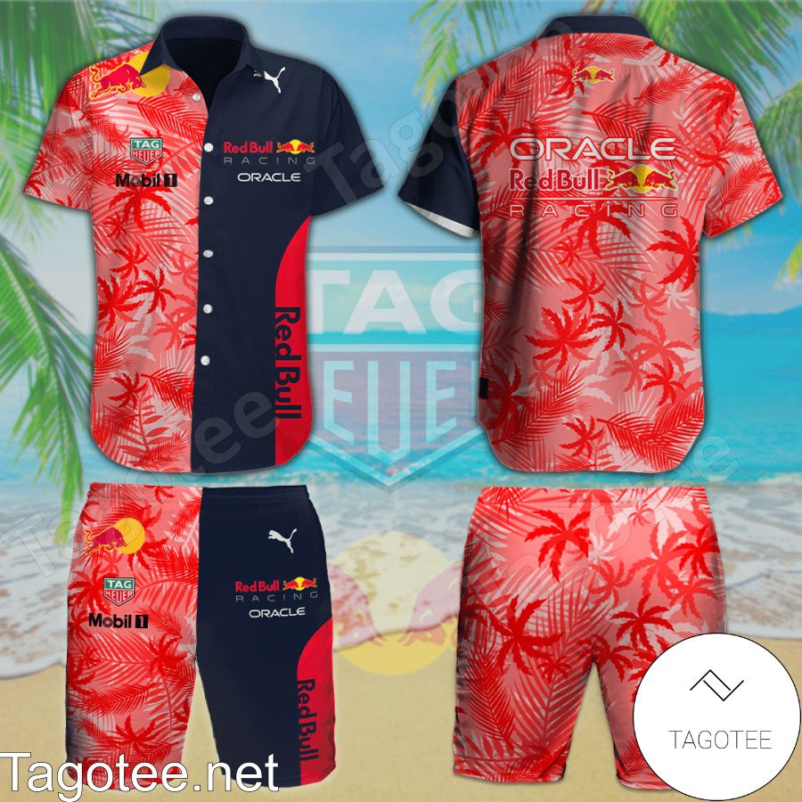 Oracle Red Bull Racing Palm Tree Pattern Red Navy Hawaiian Shirt And Short