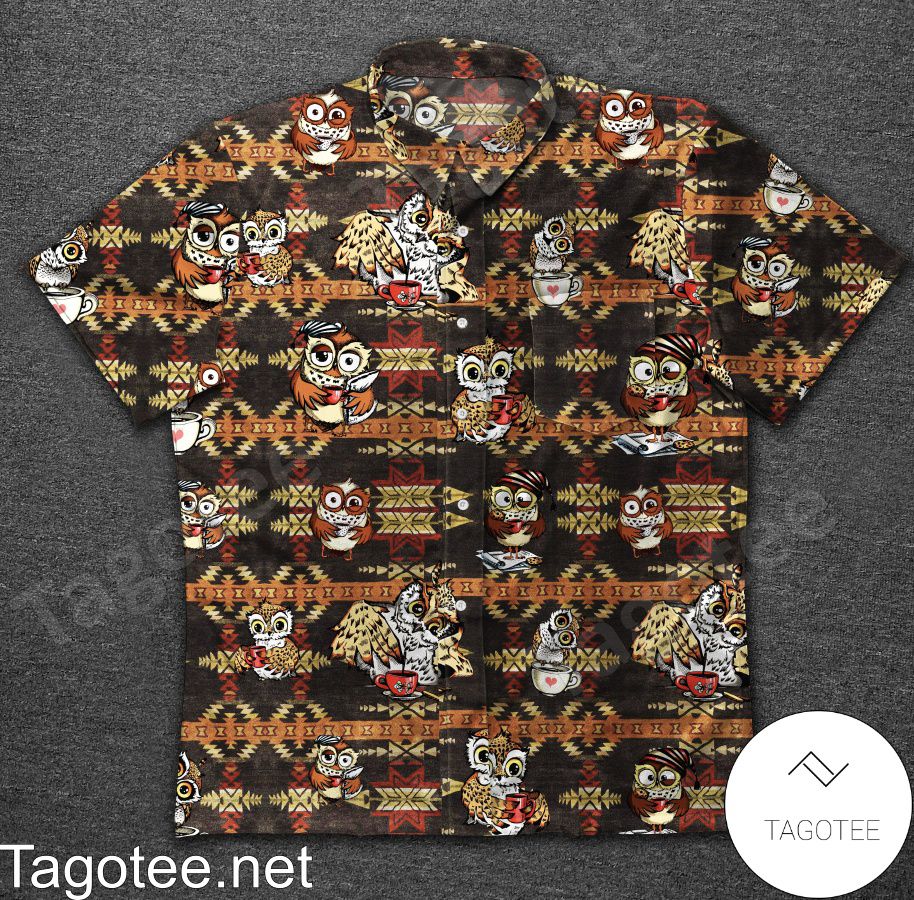 Owl And Coffee Native Pattern Hawaiian Shirt