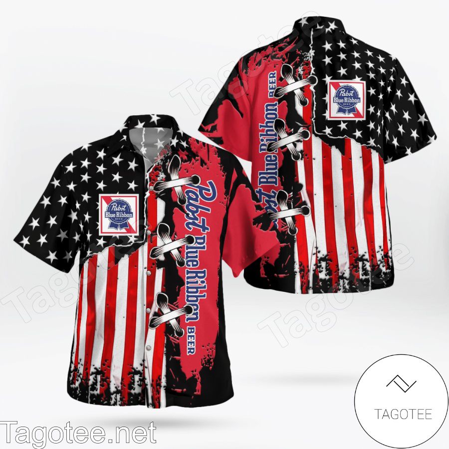 Pabst Blue Ribbon American Flag Color Hawaiian Shirt And Short