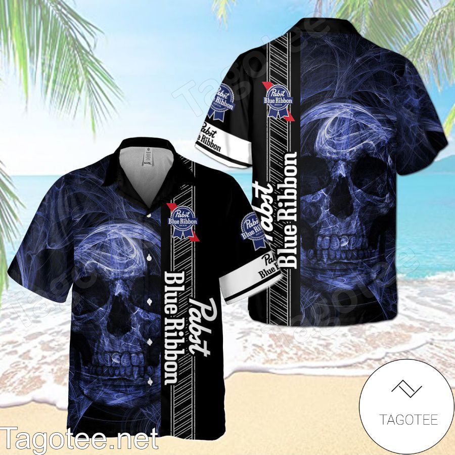 Pabst Blue Ribbon Smoky Blue Skull Black Hawaiian Shirt And Short