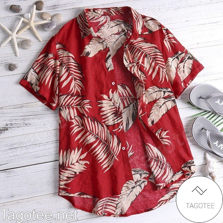 Palm Leaf Print Red Hawaiian Shirt