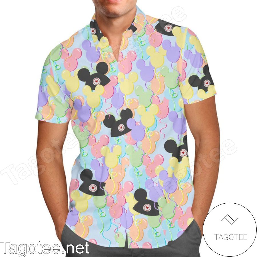 Pastel Mickey Ears Balloons Disney Hawaiian Shirt And Short