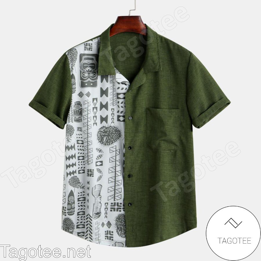 Pattern Chest Pocket Patchwork Green Hawaiian Shirt