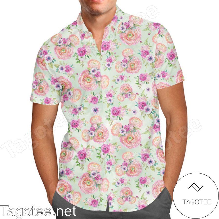 Peachy Floral Minnie Ears Disney Cartoon Graphics Inspired Hawaiian Shirt And Short