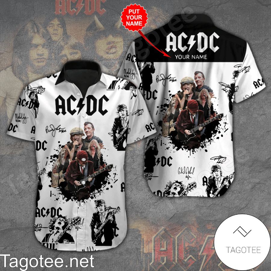 Personalized AC/DC Rock Band Signatures White Black Hawaiian Shirt And Short
