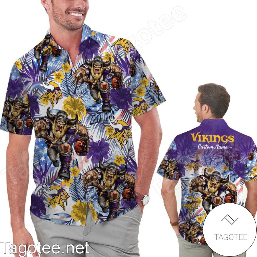 Personalized Minnesota Vikings Tropical Floral America Flag Aloha Hawaiian Shirt And Shorts