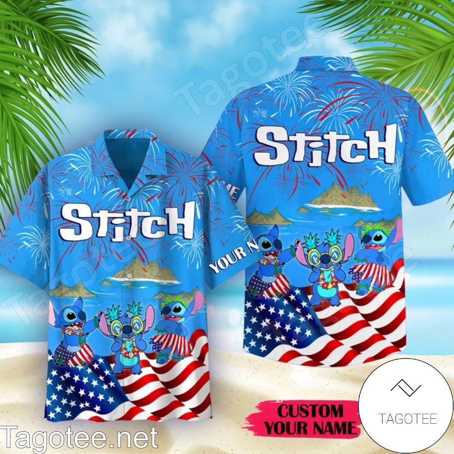 Personalized Stitch American Flag Firework Independence Day Blue Hawaiian Shirt