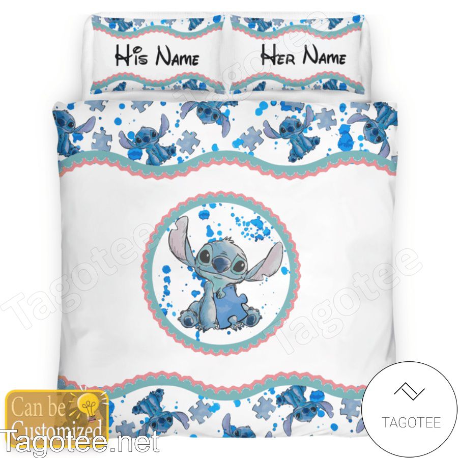 Personalized Stitch Autism Awareness Blue White Bedding Set
