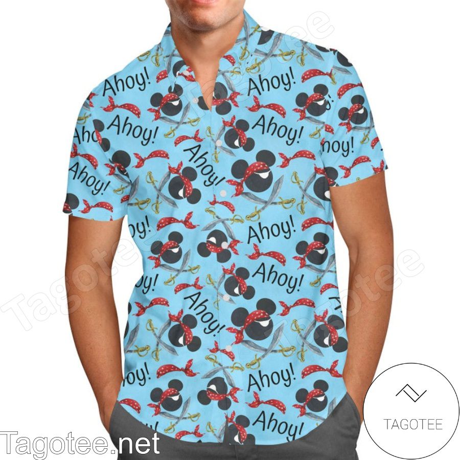 Pirate Mickey Ahoy! Disney Cartoon Graphics Blue Hawaiian Shirt And Short
