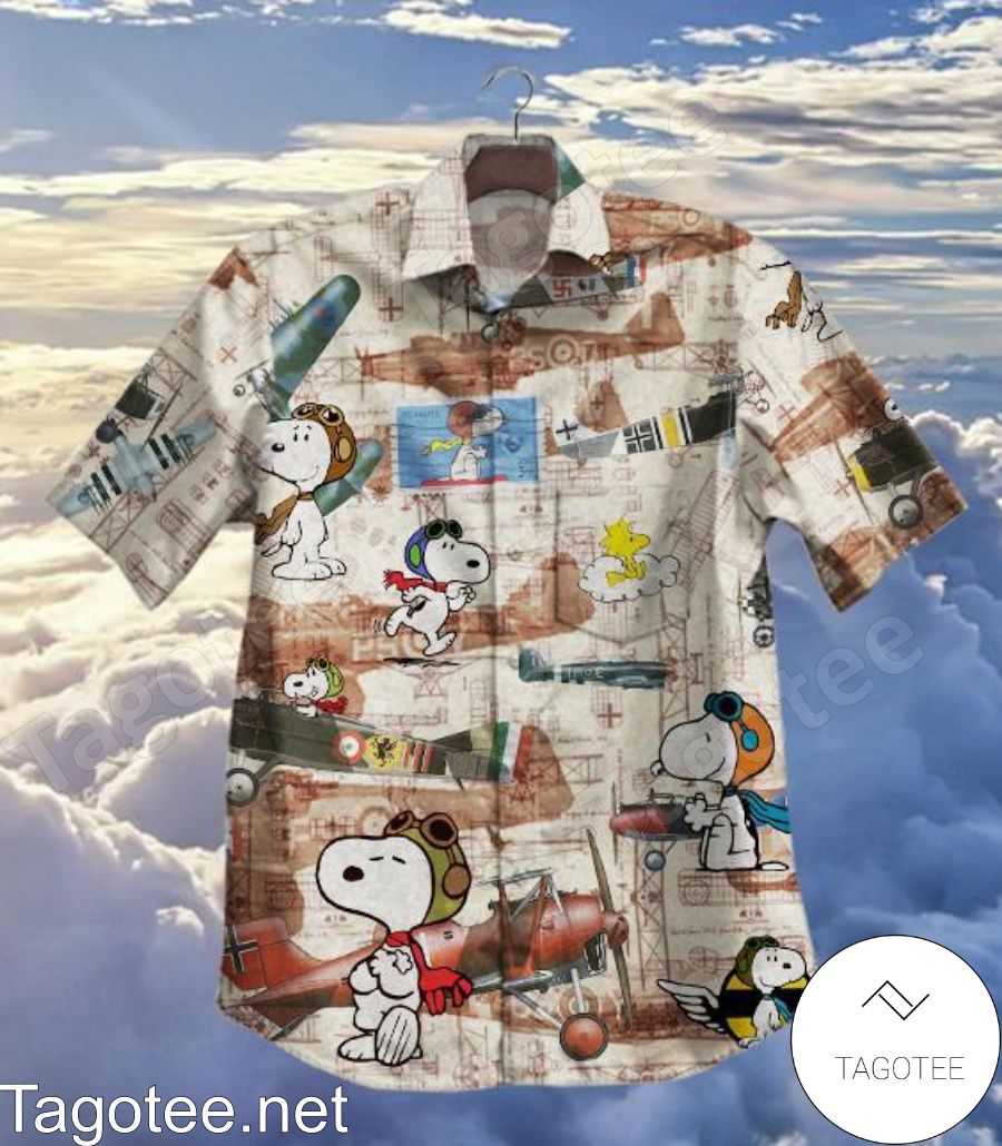 Plane And Snoopy Printed Vintage Hawaiian Shirt