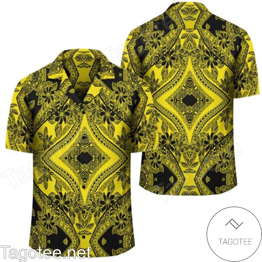 Polynesian Plumeria Mix Yellow Black Hawaiian Shirt - Tagotee