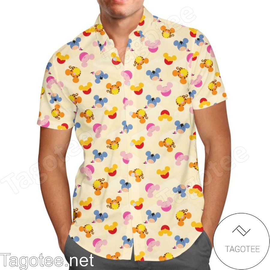 Pooh Bear & Friends In Mickey Mouse Pattern Disney Cartoon Graphics Yellow Hawaiian Shirt And Short