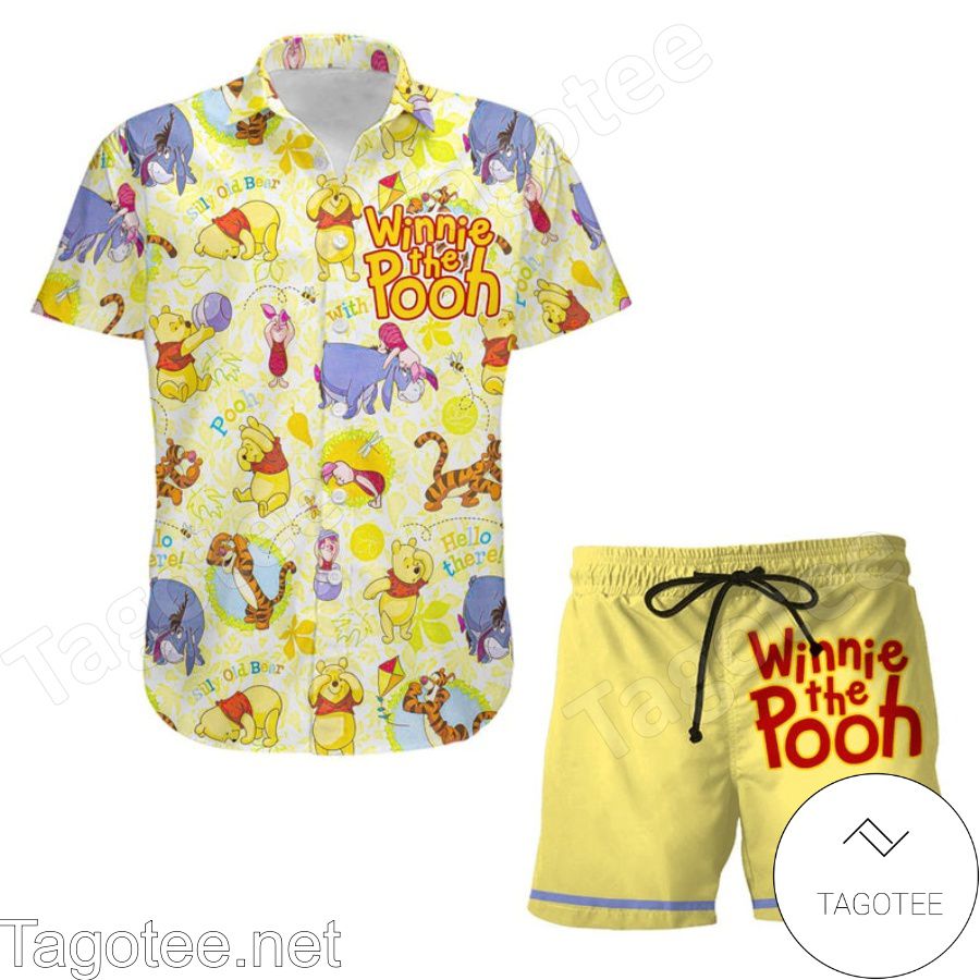 Pooh Eeyore Tigger Piglet Disney Cartoon Graphics Yellow Hawaiian Shirt And Short