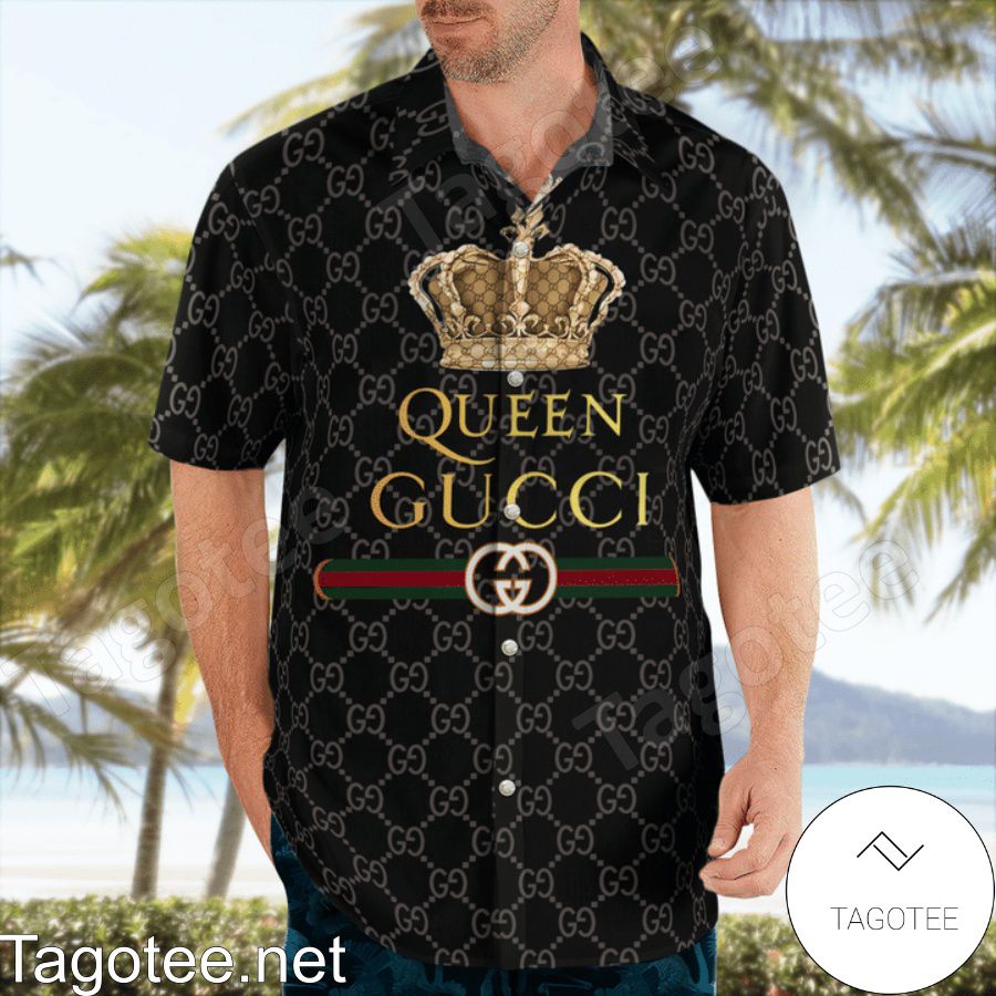 Queen Gucci Black Monogram Hawaiian Shirt And Beach Shorts a