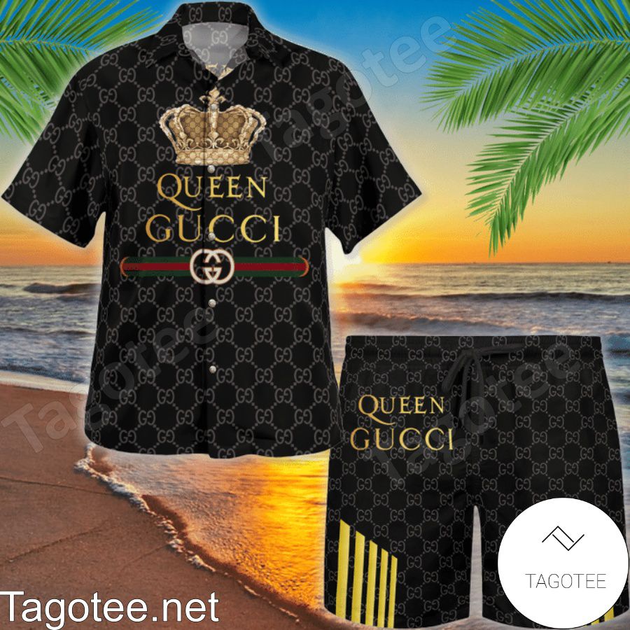 Queen Gucci Black Monogram Hawaiian Shirt And Beach Shorts