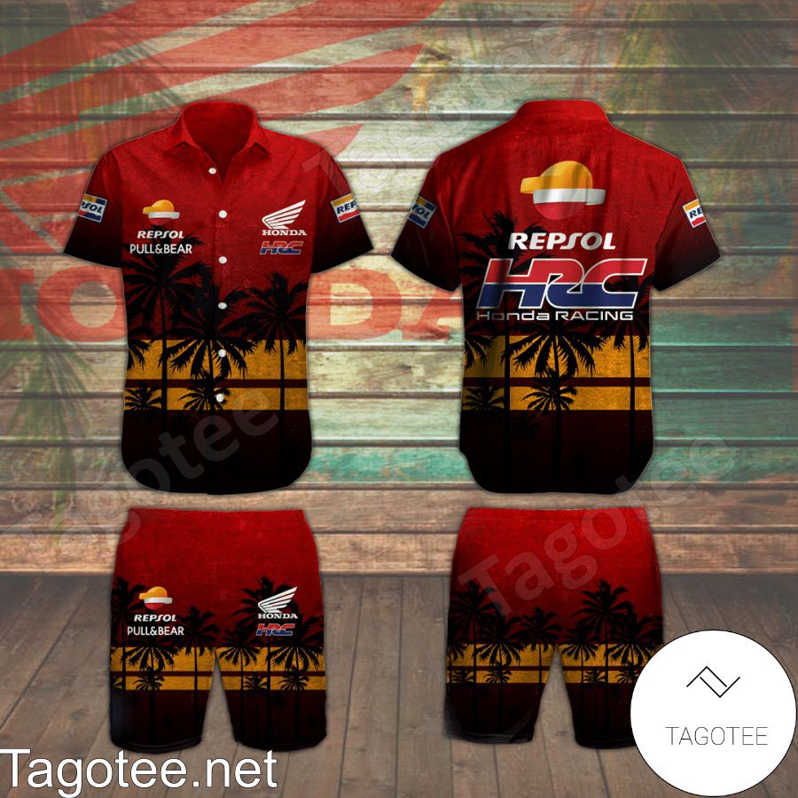 Repsol Honda Team HRC Palm Tree Sunset Red Hawaiian Shirt And Short