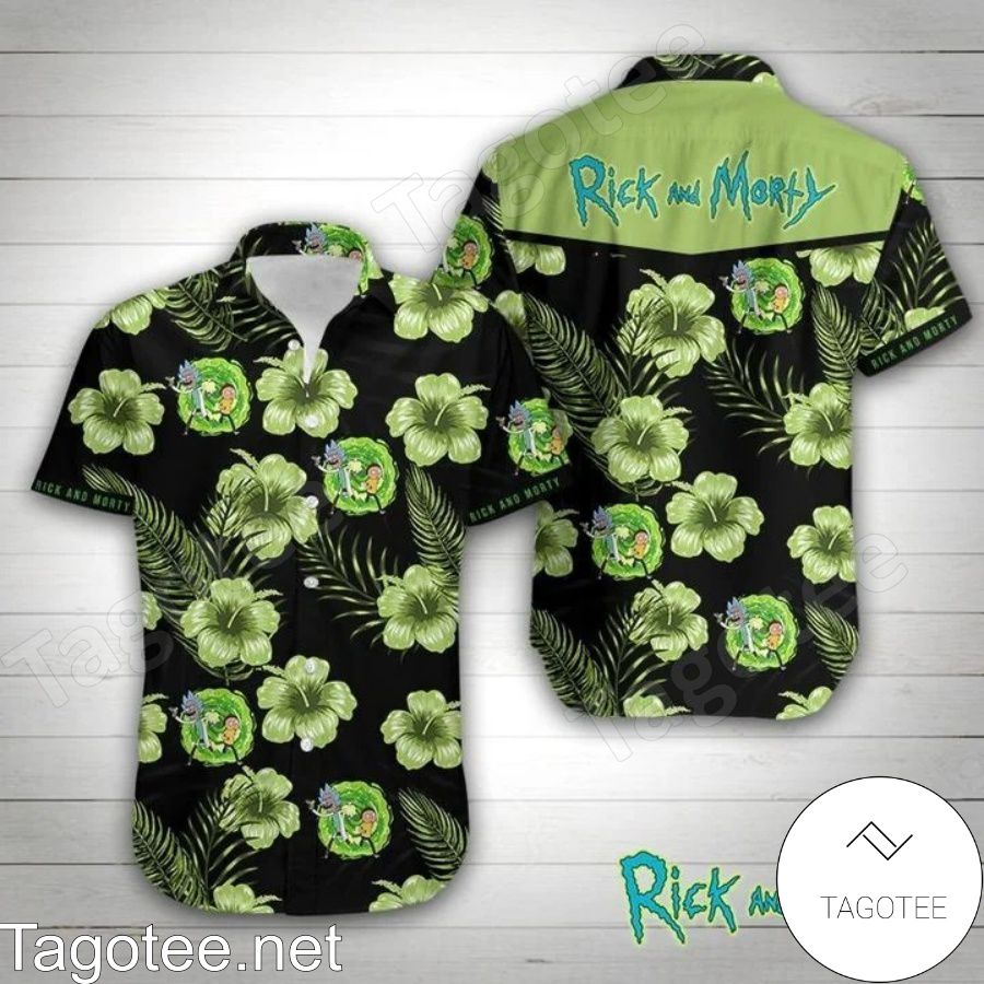 Rick And Morty Green Hibiscus Black Hawaiian Shirt
