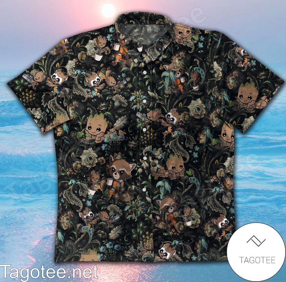 Rocket Raccoon And Baby Groot Flower Pattern Black Hawaiian Shirt
