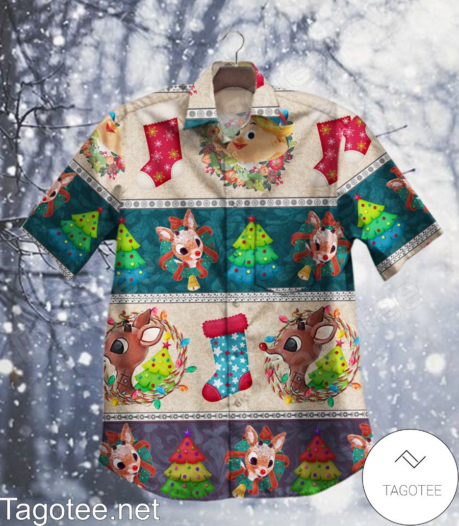 Rudolph The Red Nosed Reindeer Head And Christmas Tree Hawaiian Shirt