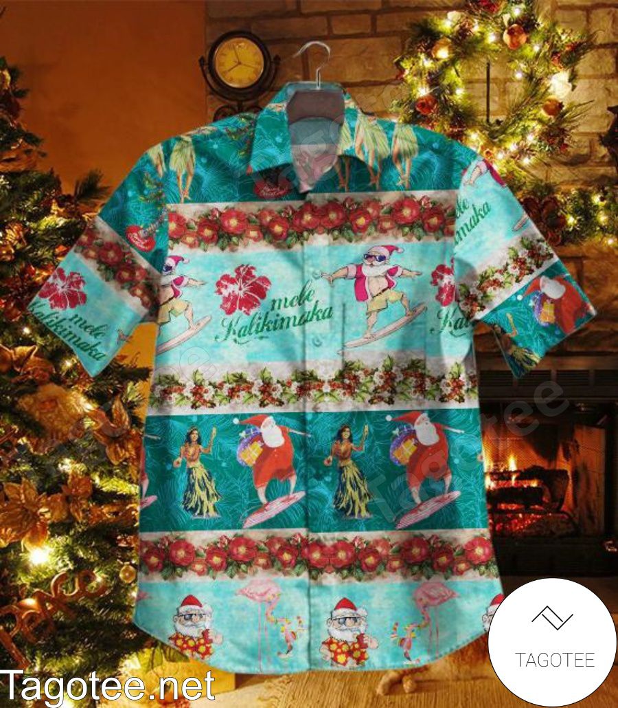 Santa Surfing Mele Kalikimaka Blue And Floral Line Hawaiian Shirt