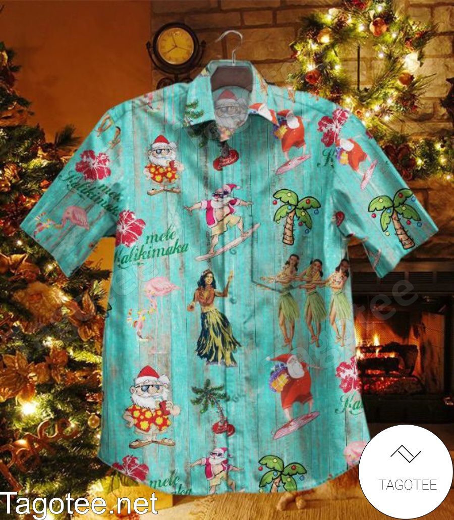 Santa Surfing Mele Kalikimaka Christmas Hawaiian Shirt