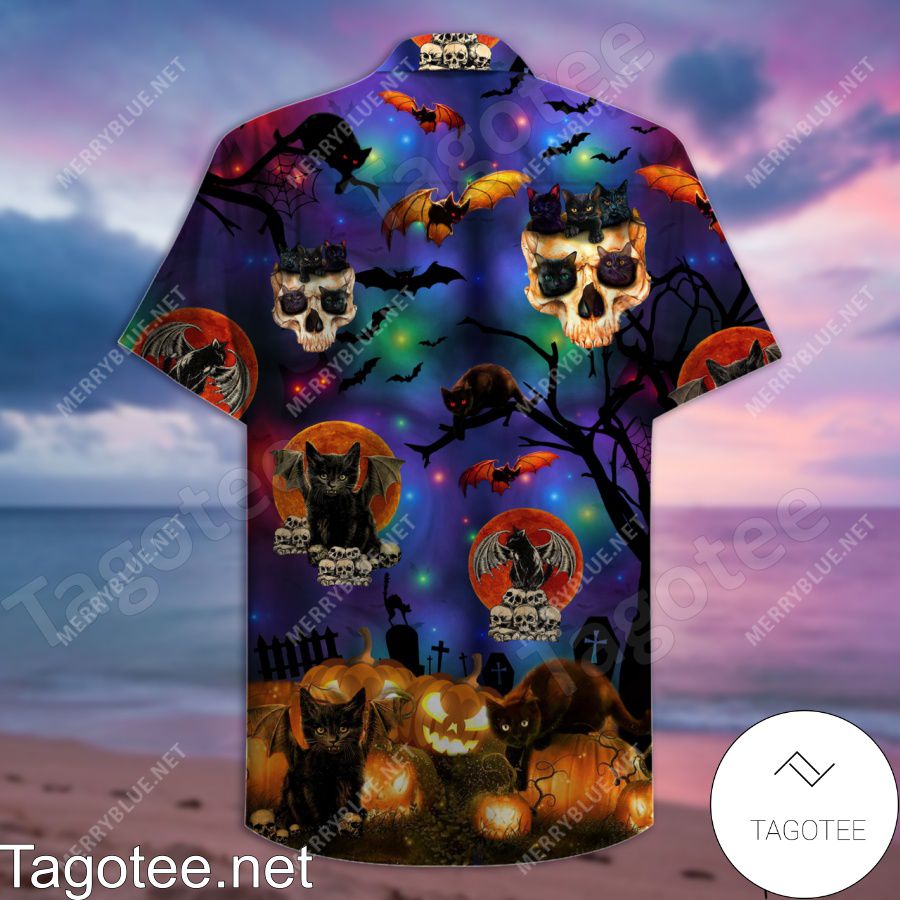 Scary Halloween Black Cat And Skull Hawaiian Shirt
